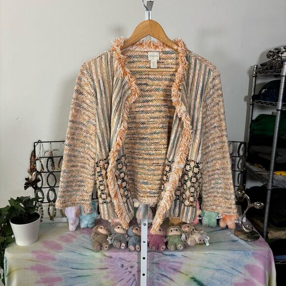 CHICOS 2 (large) Stylish Tweed Women's Multicolor Sweater Cardigan Jacket - Picture 3 of 12